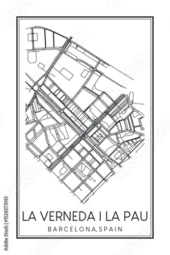 Hand drawn printable downtown road map poster of borough LA VERNEDA I LA PAU of the Spanish city of BARCELONA on solid white background with city name