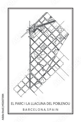 Hand drawn printable downtown road map poster of borough EL PARC I LA LLACUNA DEL POBLENOU of the Spanish city of BARCELONA on solid white background with city name