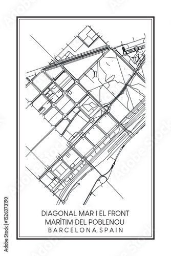 Hand drawn printable downtown road map poster of borough DIAGONAL MAR I EL FRONT MARÍTIM DEL POBLENOU of the Spanish city of BARCELONA on solid white background with city name