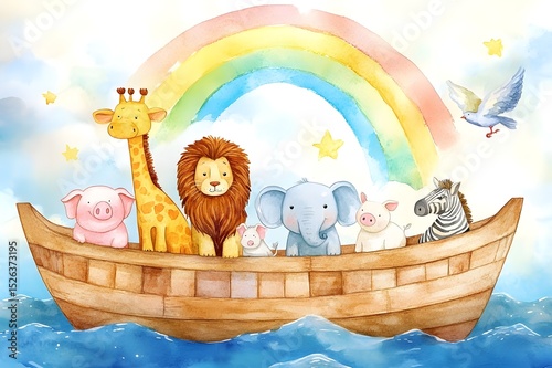 Watercolor painting of noah's ark with lion, giraffe, elephant, zebra, dove and pig, with rainbow behind the boat, clouds and sunlight in the sky, blue water