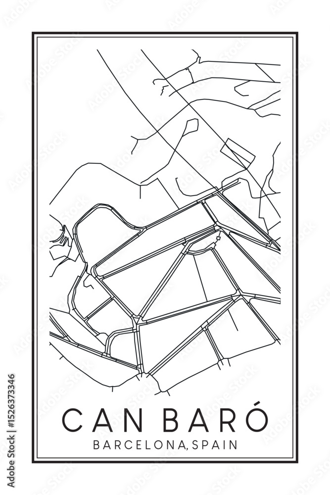 Obraz premium Hand drawn printable downtown road map poster of borough CAN BARÓ of the Spanish city of BARCELONA on solid white background with city name