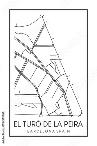 Hand drawn printable downtown road map poster of borough EL TURÓ DE LA PEIRA of the Spanish city of BARCELONA on solid white background with city name