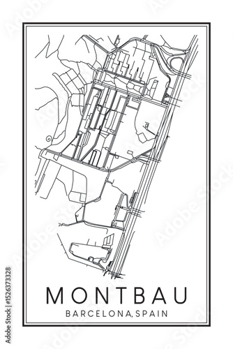 Hand drawn printable downtown road map poster of borough MONTBAU of the Spanish city of BARCELONA on solid white background with city name