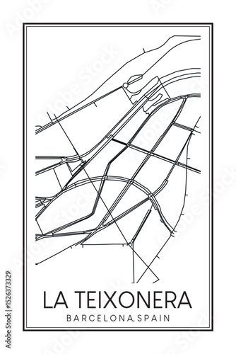 Hand drawn printable downtown road map poster of borough LA TEIXONERA of the Spanish city of BARCELONA on solid white background with city name