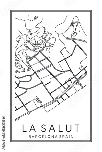 Hand drawn printable downtown road map poster of borough LA SALUT of the Spanish city of BARCELONA on solid white background with city name
