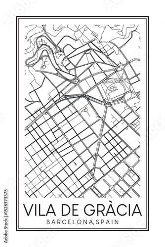 Hand drawn printable downtown road map poster of borough VILA DE GRÀCIA of the Spanish city of BARCELONA on solid white background with city name