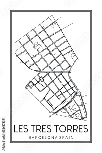 Hand drawn printable downtown road map poster of borough LES TRES TORRES of the Spanish city of BARCELONA on solid white background with city name