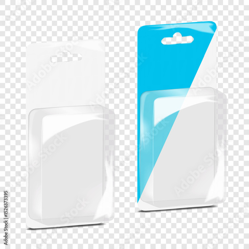 Rectangular empty cardboard back clear plastic blister box with euro hole. 3d mock-up. Rectangle hanging individual sleeve product package. Realistic vector mockup. Easy editable template