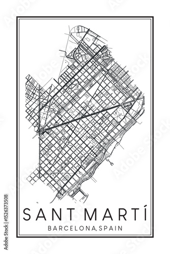 Hand drawn printable downtown road map poster of borough SANT MARTÍ of the Spanish city of BARCELONA on solid white background with city name