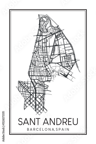 Hand drawn printable downtown road map poster of borough SANT ANDREU of the Spanish city of BARCELONA on solid white background with city name