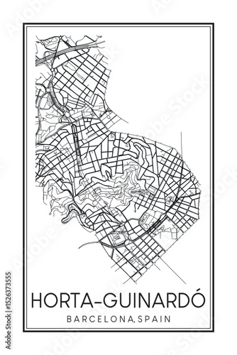 Hand drawn printable downtown road map poster of borough HORTA-GUINARDÓ of the Spanish city of BARCELONA on solid white background with city name