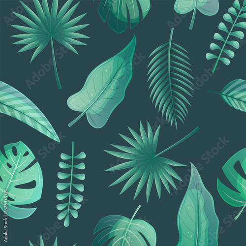 Seamless pattern with tropical leaves on a dark background. Palm leaves, bananas, monstera, tamarind, calathea. Vector illustrations for the design of postcards, clothing, textiles, banners, posters