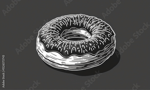 Iced donut in classic monochrome chalk art on dark background.