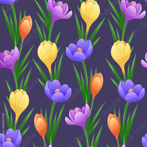 Seamless pattern with multicolored crocuses on a dark background. The concept of nature, spring. Vector illustration for the design of postcards, clothing, textiles, banners, posters
