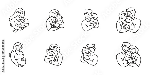 Set of line illustration happy parent with newborn baby, father, mother, family, breastfeeding, pregnant. Modern flat design style