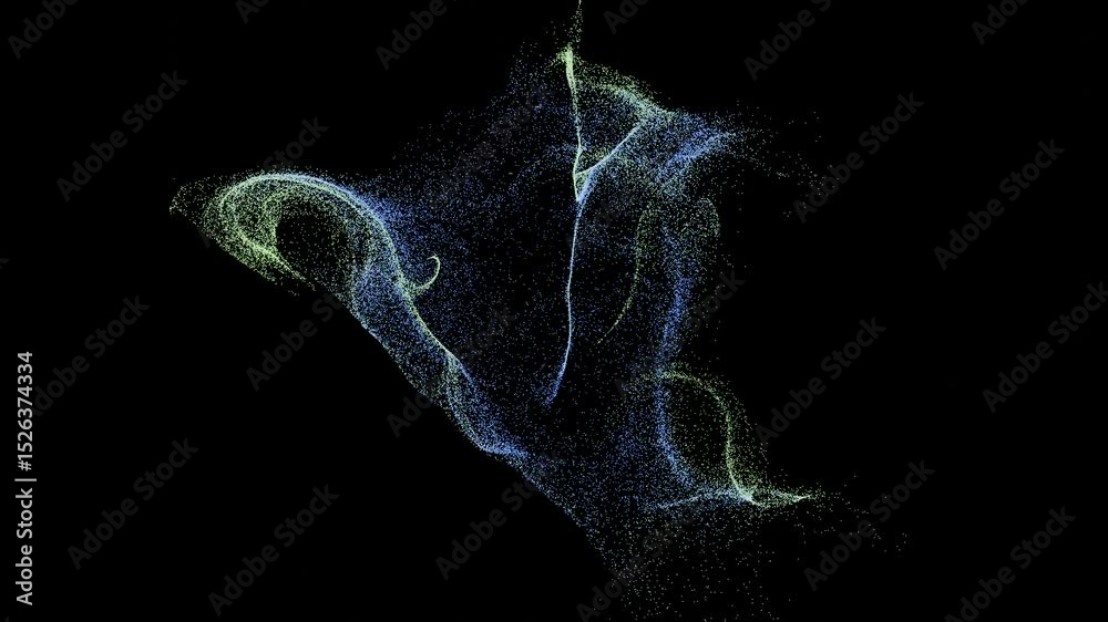 Particles spread from the center of the canvas, forming shapes and patterns in force fields. Fantasy, science, space, smoke like. 3D rendering. 