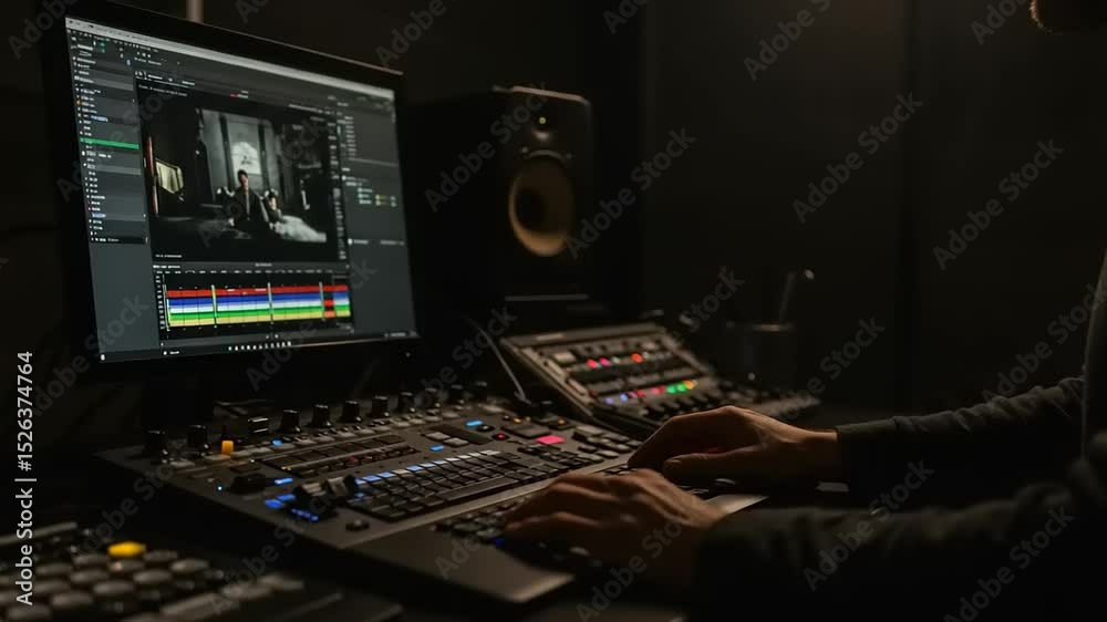 Professional video editor using editing software, workstation in a dark room