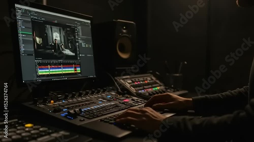 Professional video editor using editing software, workstation in a dark room
