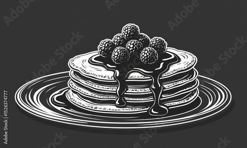 Monochrome pancake stack topped with berries and syrup in chalk design.