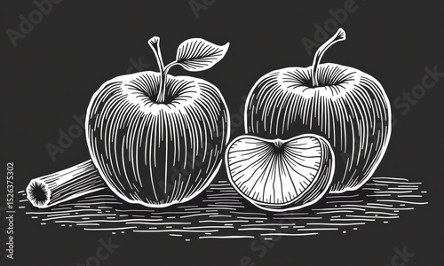 Etching-style apples including a sliced one in chalk on dark surface.