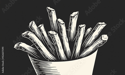 Paper cup filled with fries in a classic monochrome sketch design.