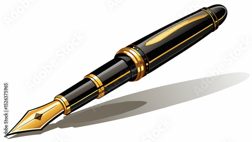 Elegant black fountain pen with a gold nib. Positioned on white with detailed shadows. Perfect for luxury writing, vintage stationery, or calligraphy vector artworks.

