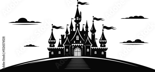 Fairy tale castle silhouette, vector illustration, fantasy palace on hill with flags, magical kingdom landmark, medieval architecture, storybook design