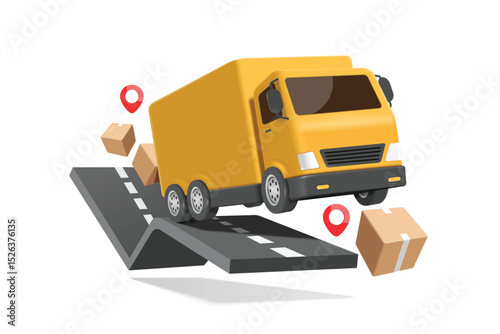 yellow container truck is driving and running on curved road, with parcel boxes or cardboard boxes floating in air around it to deliver goods to customers according to red pin location, vector 3d