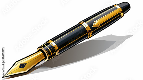 Elegant black fountain pen with a gold nib. Positioned on white with detailed shadows. Perfect for luxury writing, vintage stationery, or calligraphy vector artworks.

