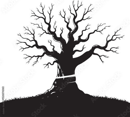 spooky dead tree silhouette bare twisted branches creepy halloween haunted forest illustration with horror mood