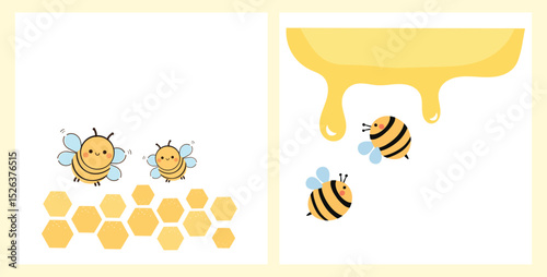 Beehive honey sign with hexagon grid cells, honey drop and cute bee cartoons isolated on white backgrounds vector.
