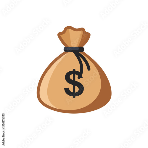 Illustrative vector image of a tan money bag with black dollar sign and rope