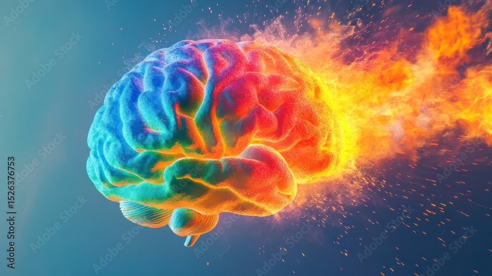 Fototapeta premium Flaming Brain, burning bright, space background, idea concept