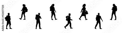Vector silhouettes of men and a women, with backpack a group of walking business people, studets traveling, profile, black color isolated on white background