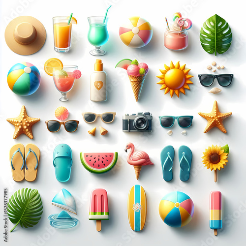 Realistic Summer Icons Vector Sheet on White Background