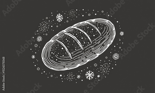 Loaf of bread surrounded by stars in a surreal monochrome design.
