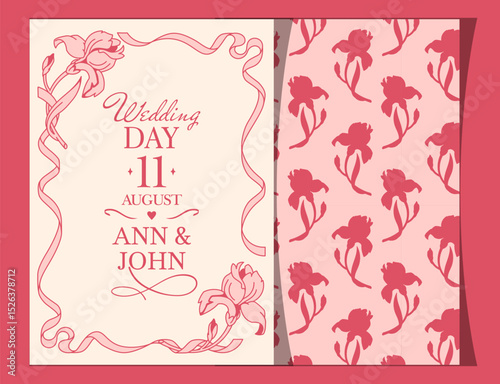 Coquette core romantic template with copy space for personalization and floral frame. Perfect as wedding or anniversary invitations, greeting cards, and romantic-themed events