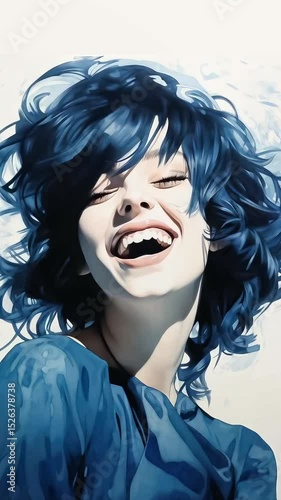 Girl with blue hair. Smiling. Hair fluttering.