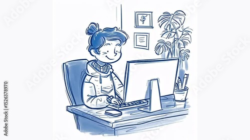Looping video of a girl. Working on a computer. Sketch style.