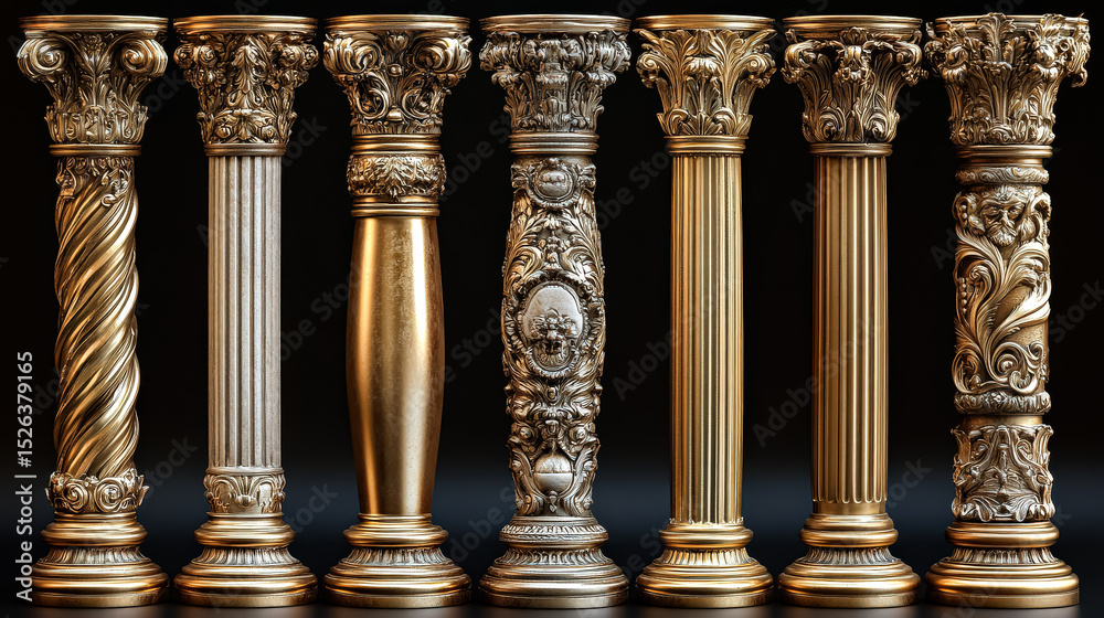 Naklejka premium Row of six tall, ornate columns made of gold. The columns are arranged in a straight line, with each one slightly taller than the one before it