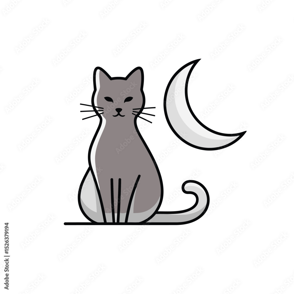 Naklejka premium Cute gray cat sitting under crescent moon