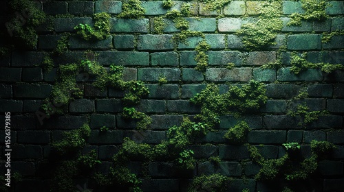 Moss-covered brick wall illuminated