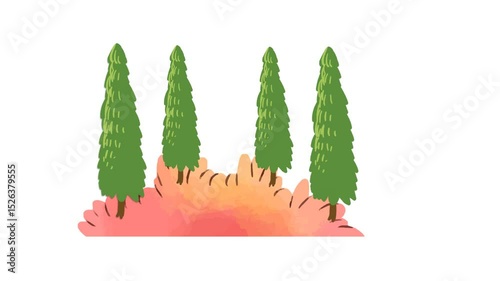 draw many pine tree on mountain with several bird on white background
