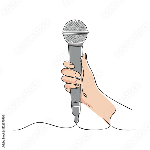 Hand holding microphone hand drawn line art illustration