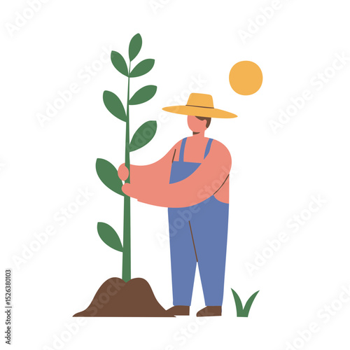 Farmer in a gentle mood tending to a young plant with a sun in the background with copy space.