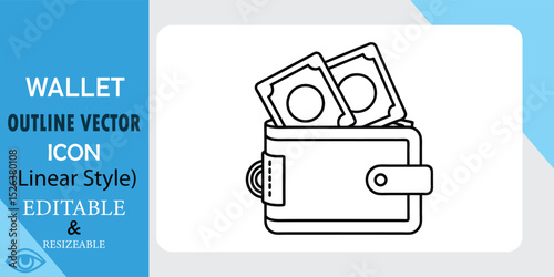 A linear style vector icon depicting a wallet with cash inside. Its editable and resizable, perfect for finance related designs.