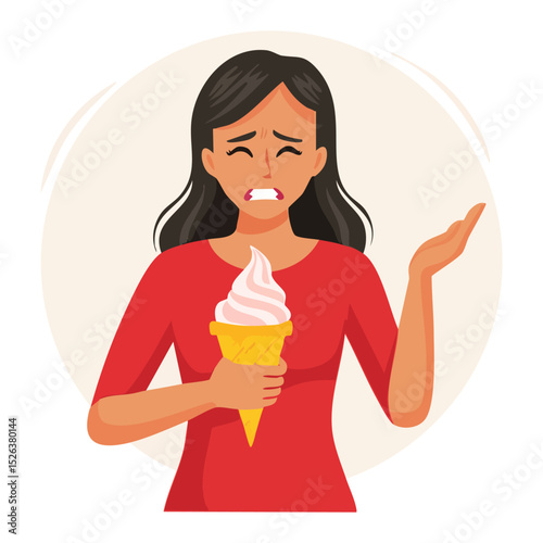 Girl with sensitive teeth and cold ice cream on white background. Vector illustration of people with toothache
