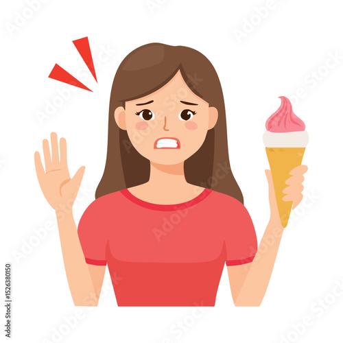 Girl with sensitive teeth and cold ice cream on white background. Vector illustration of people with toothache
