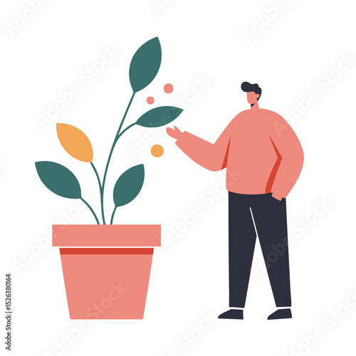 A person in an observant mood interacting with a potted plant against a white background with copy space