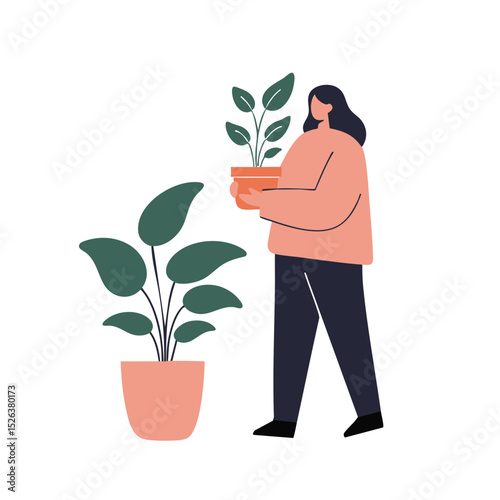 A person in a purposeful mood walking while carrying a potted plant against a white background with copy space